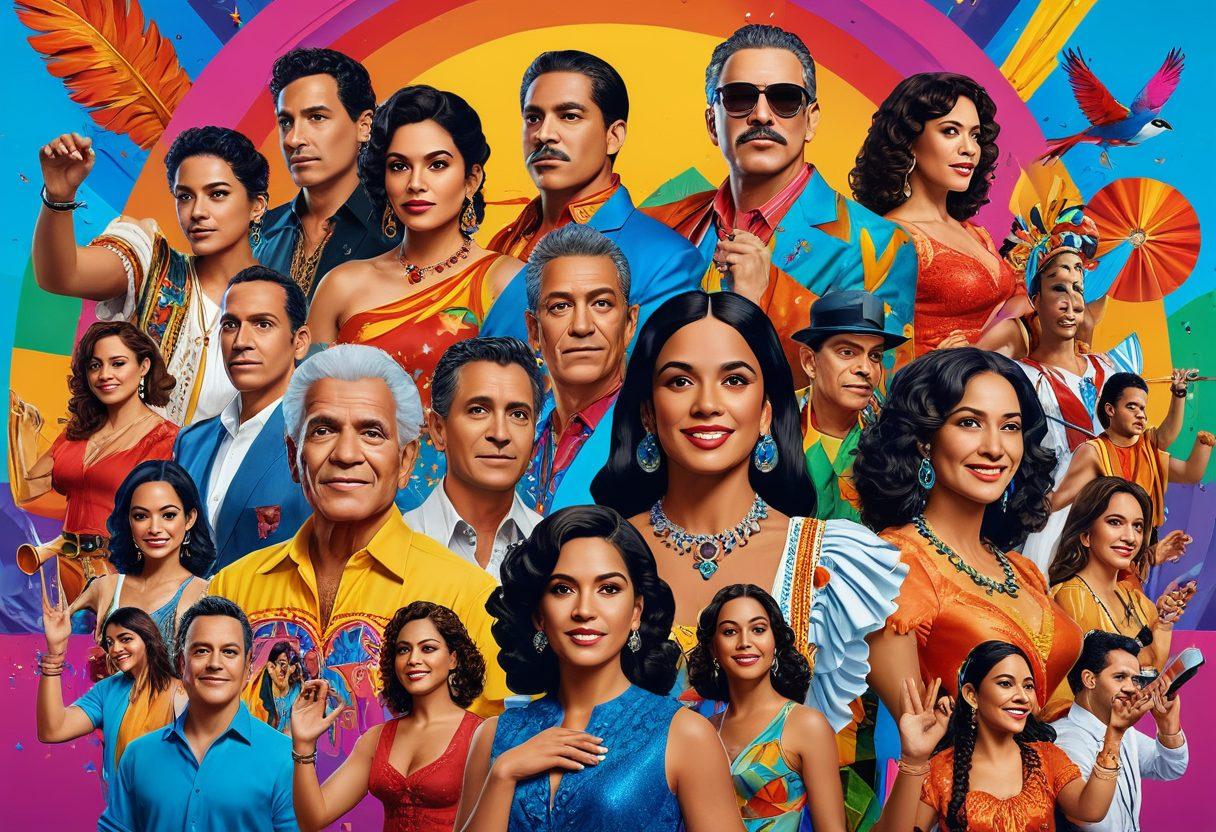 A vibrant collage depicting scenes from popular Latin films and performances, showcasing iconic characters in colorful costumes, streaming icons floating around them, a glowing play button symbolizing access. The background should feature a lively Latin festival atmosphere with music notes and film reels intertwined. super-realistic. vibrant colors. 3D.