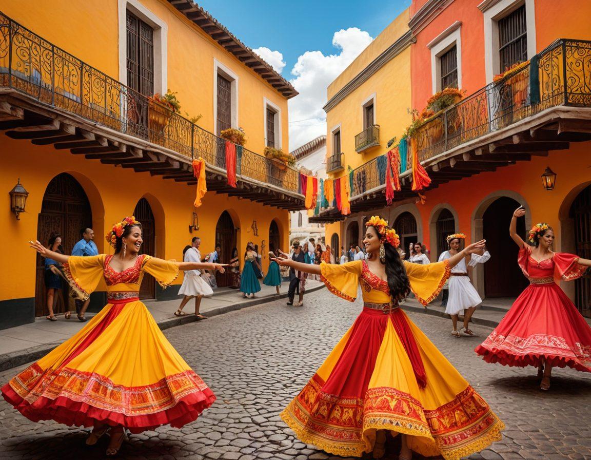 A vibrant and colorful collage showcasing various forms of Latin entertainment: dancers in traditional attire, a lively concert scene with musicians playing instruments like guitars and maracas, streaming icons, and a large screen displaying a popular Latin show. The background features a lively cityscape representing Latin culture, adorned with festive decorations. A mix of warm colors, creating a joyful atmosphere. super-realistic. vibrant colors. dynamic composition.