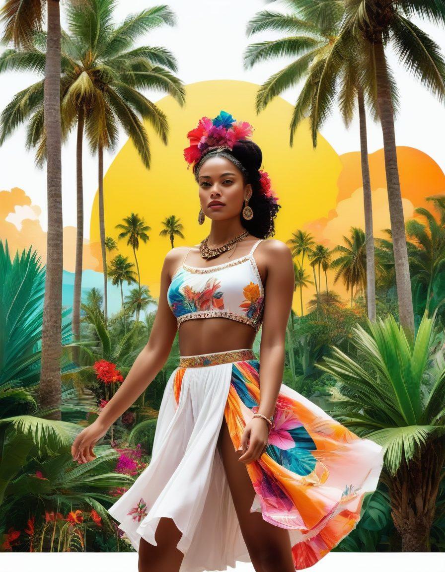 A vibrant collage of Latin cultural icons, including a lush tropical backdrop with palm trees, traditional dance figures in colorful costumes, and iconic streaming symbols like play buttons and film reels. Overlay text with 'Unlocking Exclusive Latin Content' in bold, stylish typography. Bright and inviting color palette to reflect the richness of Latin culture. super-realistic. vibrant colors. white background.